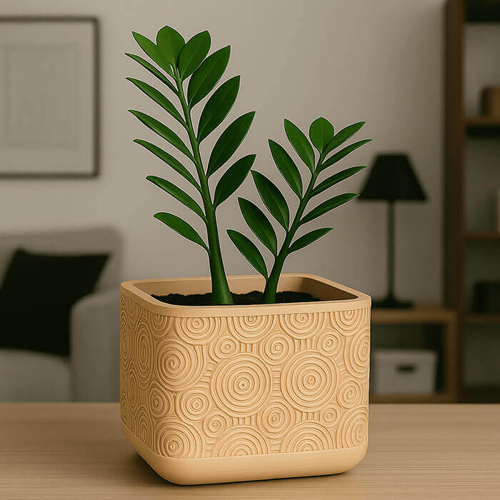 Modern beige spiral square 3D printed PLA planter with indoor green plant on a wooden table.