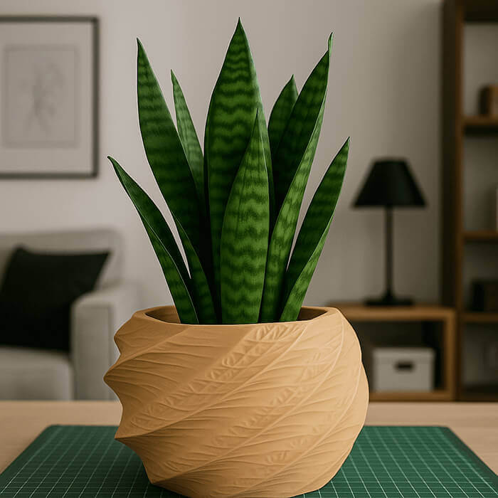 Modern beige twisted leaf textured 3D printed table planter with snake plant in indoor setting.