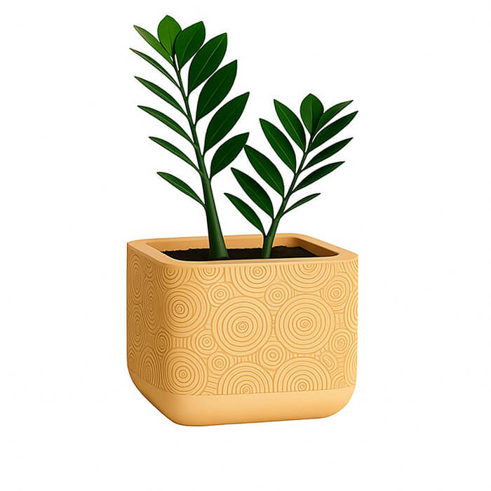 Beige spiral-pattern square 3D printed PLA planter with green leafy plant, modern textured design by Plantale.