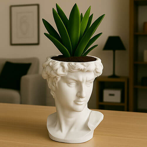 A white David-style bust planter with a succulent plant growing from the top, placed on a wooden table in a modern living room.