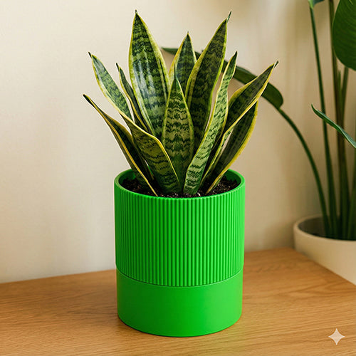 Green ribbed cylindrical planter with a smooth lower half, placed on a wooden surface indoors.