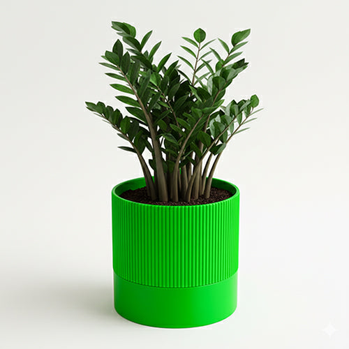 Bright green ribbed cylinder 3D printed PLA planter on white background.