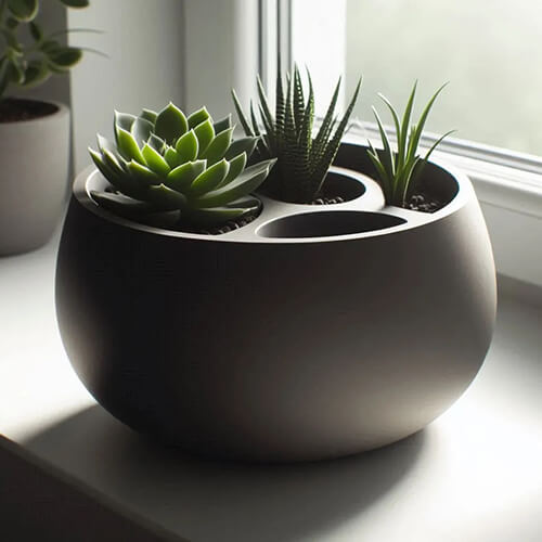 Green self-watering multi-pot 3D printed PLA planter with central pot and sections, holding a succulent.