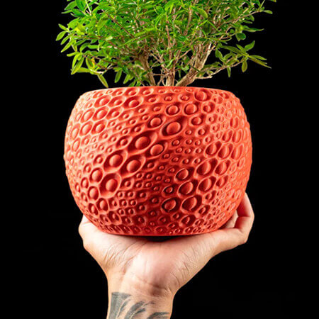 Red textured 3D printed PLA planter with circular bubble pattern, held by hand, featuring green bonsai plant, modern artisan design by Plantale.