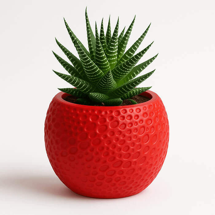 Modern red round textured 3D printed planter with small succulent plant against white background.