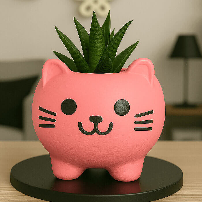 Cute pink cat-shaped 3D printed PLA planter with green succulent on a round base indoors.