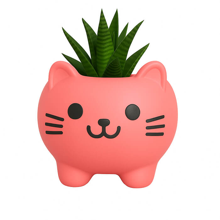 Pink cat-shaped 3D printed PLA planter with cute facial design, holding green succulent plant, playful decorative piece by Plantale.