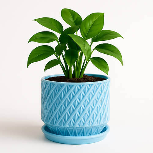 Sky blue spiral-weave textured 3D printed PLA planter with matching tray and green indoor plant.