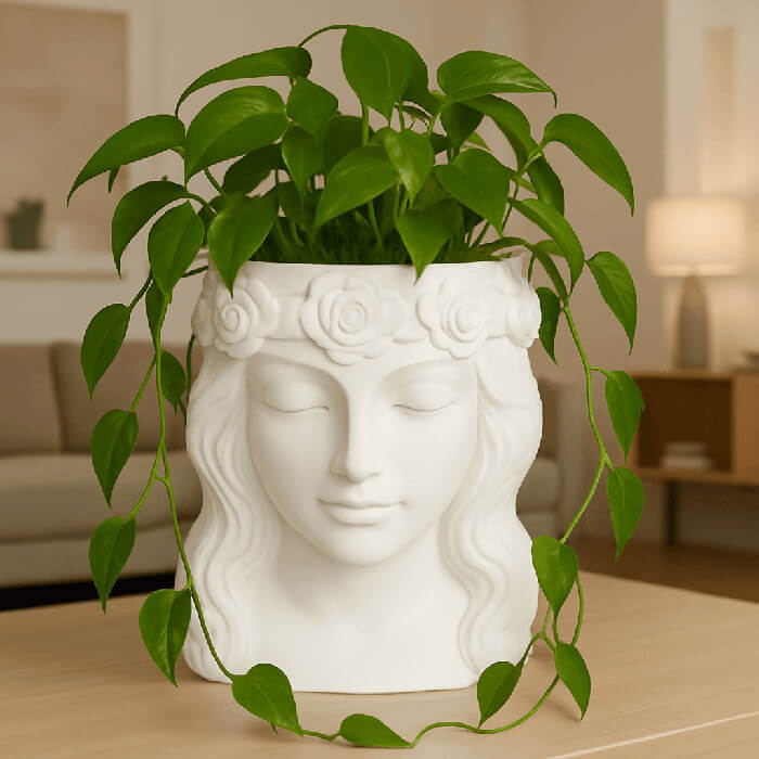 Elegant white goddess head 3D printed PLA planter with green trailing plant on a wooden table indoors.