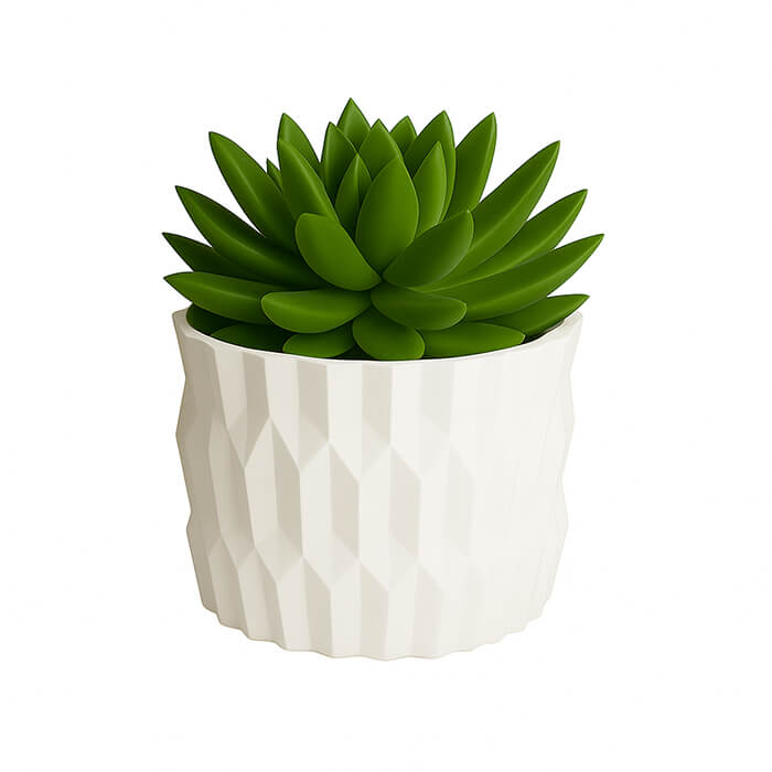 White diamond 3D printed PLA planter with faceted geometric texture, holding a green succulent plant, modern minimalist design by Plantale.