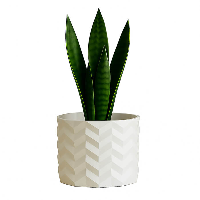 White geometric 3D printed PLA planter with chevron pattern, holding tall green snake plant, modern minimalist decor by Plantale.