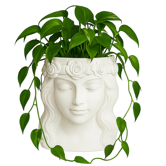 White goddess head 3D printed PLA planter with floral crown and trailing green pothos plant, elegant artistic sculpture design by Plantale.