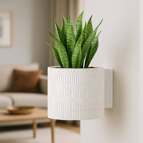 Modern white wall-mounted planter with an embossed arc pattern, holding a tall green snake plant in a warm, softly lit living room setting.