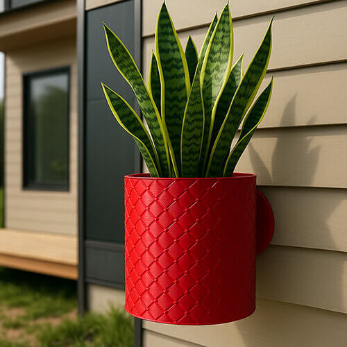 “Red basket-weave pattern 3D printed wall planter holding a snake plant, mounted on an exterior siding wall.