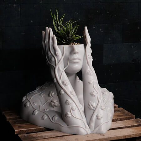 Modern artistic 3D printed PLA planter featuring a human face sculpture with vine detailing and a green fern plant, designed by Plantale, displayed on a wooden surface against a dark textured background.