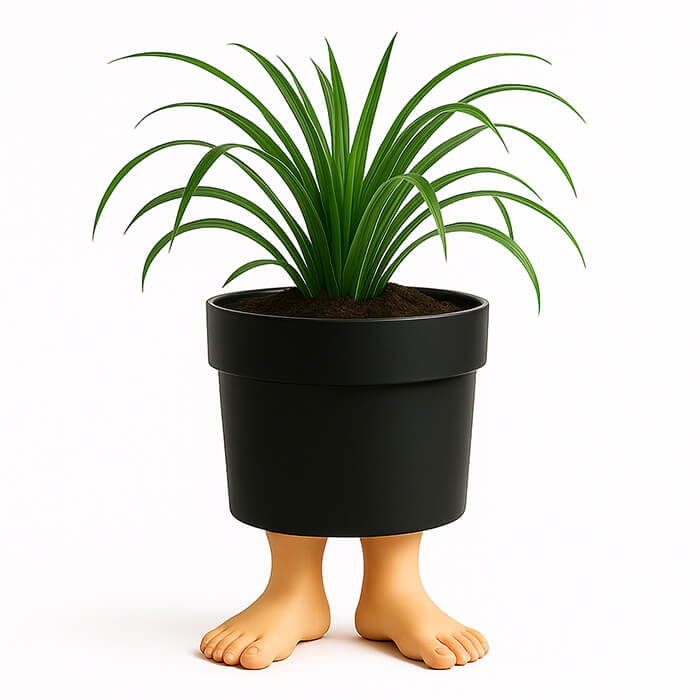 Black walking feet 3D printed PLA planter with realistic human feet base, holding a green indoor plant, playful modern design by Plantale.