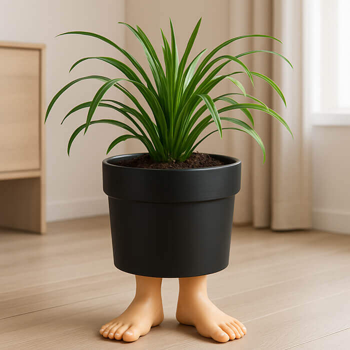 Black 3D printed planter with realistic human feet base and green indoor plant on wooden floor.