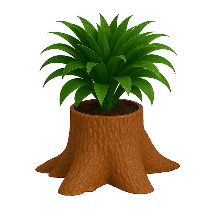 Brown tree trunk 3D printed PLA planter with realistic bark texture, holding green indoor plant, nature-inspired stump design by Plantale.