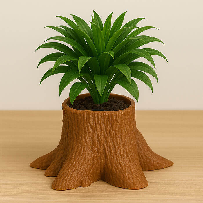 Realistic brown tree trunk 3D printed PLA planter with green indoor plant on wooden table.