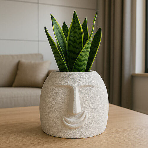 White textured 3D-printed face planter with a minimal smiling expression, holding a snake plant on a wooden table in a modern living room.