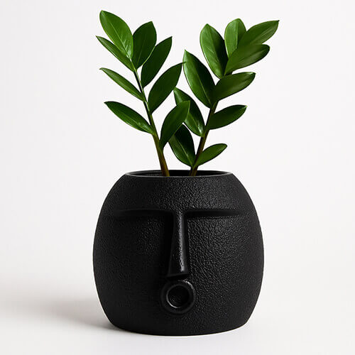 Black textured face-shaped 3D printed planter with O-mouth design and green plant on white background.