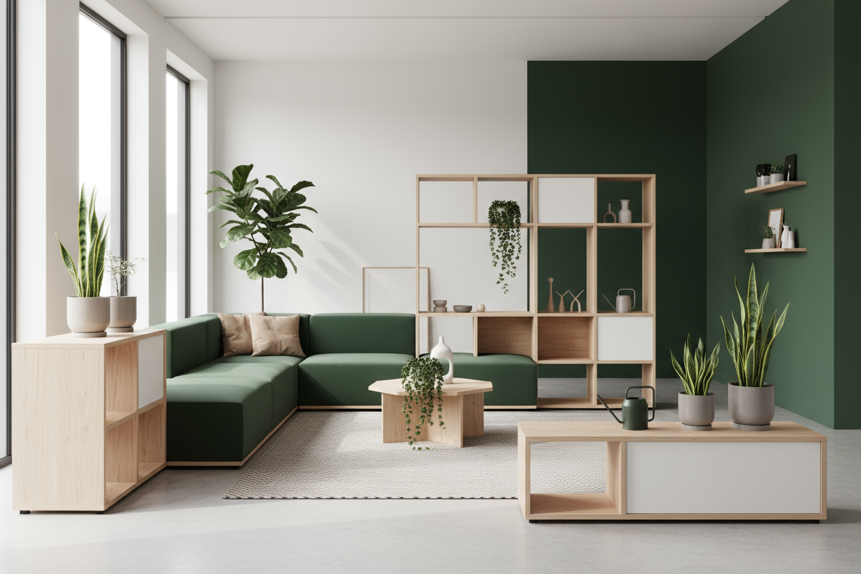 generate a background image for my planter store in a minimalistic modular home indoor setup in contrast or shade of #2E6E3E my logo is in that color
