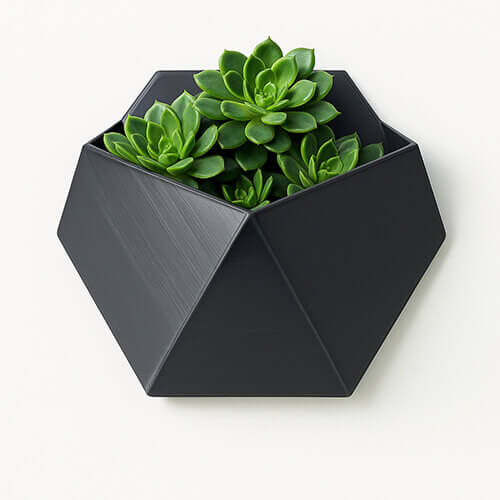 Black geometric polygon 3D printed wall-mounted planter with green succulents.
