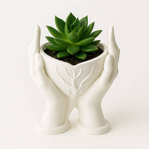 White 3D printed heart-hand shaped planter holding a green succulent on a white background.