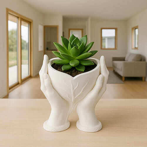 White 3D-printed heart-shaped planter held by two sculpted hands, featuring a small green succulent, placed on a wooden table inside a bright modern living room.