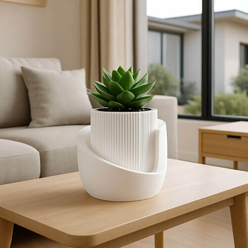 Minimalist white Japandi-style 3D-printed planter with a ribbed inner pot and smooth curved outer base, holding a green succulent, placed on a wooden coffee table in a modern living room.