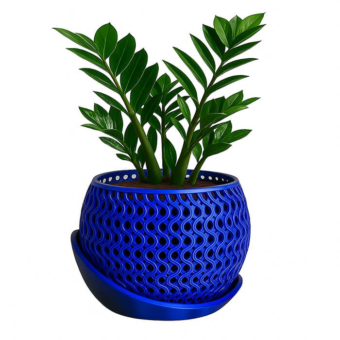 Blue wavy mesh 3D printed PLA planter with intricate lattice pattern and matching tray, holding green indoor plant, modern decorative design by Plantale.
