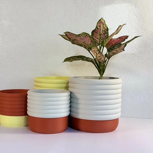 Modern NUBO self-watering dual-tone ribbed planter displayed with indoor plant on tabletop.