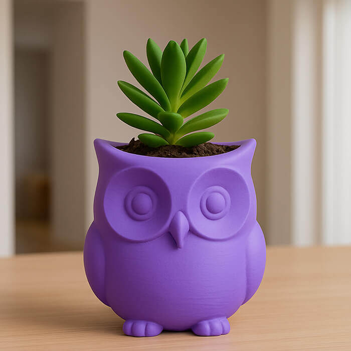 Cute purple owl-shaped 3D printed PLA planter with green succulent on a wooden table indoors.