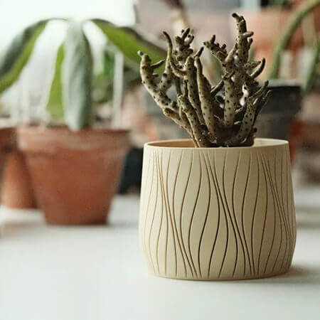 Beige wave pattern 3D printed PLA planter with cactus plant, modern minimal design on white surface, by Plantale.