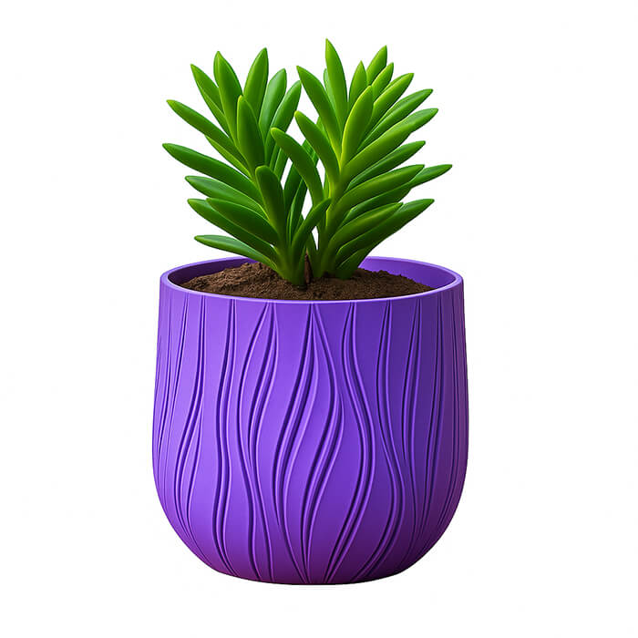 Purple wave pattern 3D printed PLA planter with flowing vertical line texture, holding green succulent plant, modern minimalist design by Plantale.