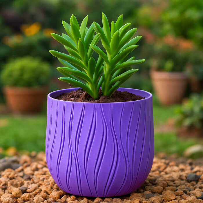Vibrant purple wave-textured 3D printed PLA planter with green succulent placed outdoors on gravel.
