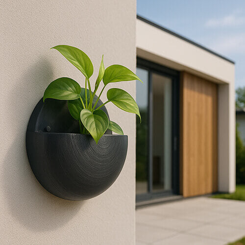 Black round 3D-printed wall-mounted planter holding a green leafy plant, attached to an exterior wall beside a modern house entrance.