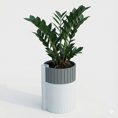 White and dark grey dual-tone self-watering planter with ribbed top design, modern 3D-printed indoor pot