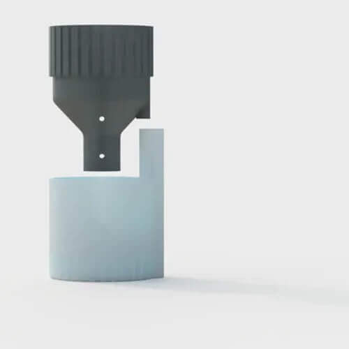 Exploded view of a self-watering planter showing the top black watering component aligned above a light blue cylindrical base, illustrating how the two parts fit together.