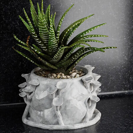 White forest mushroom 3D printed PLA planter with a green succulent plant, detailed mushroom and vine texture, nature-inspired design by Plantale.