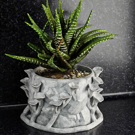 White forest mushroom 3D printed PLA planter with a green succulent plant, detailed mushroom textures and round organic shape, by Plantale.