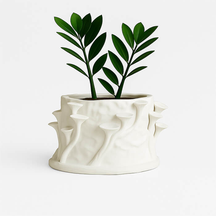 White forest mushroom 3D printed PLA planter with sculpted mushroom and organic bark texture, holding green indoor plant, nature-inspired design by Plantale.