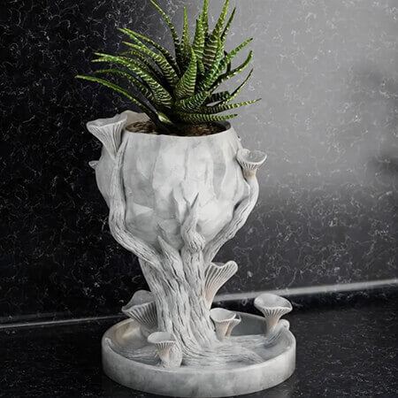White forest mushroom tree 3D printed PLA planter with green succulent plant, organic tree trunk and mushroom design, by Plantale.