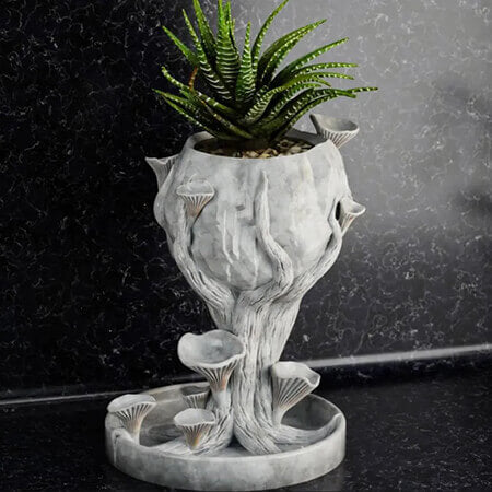 White forest mushroom tree 3D printed PLA planter featuring a green succulent plant, sculpted organic trunk and mushroom base design, by Plantale.