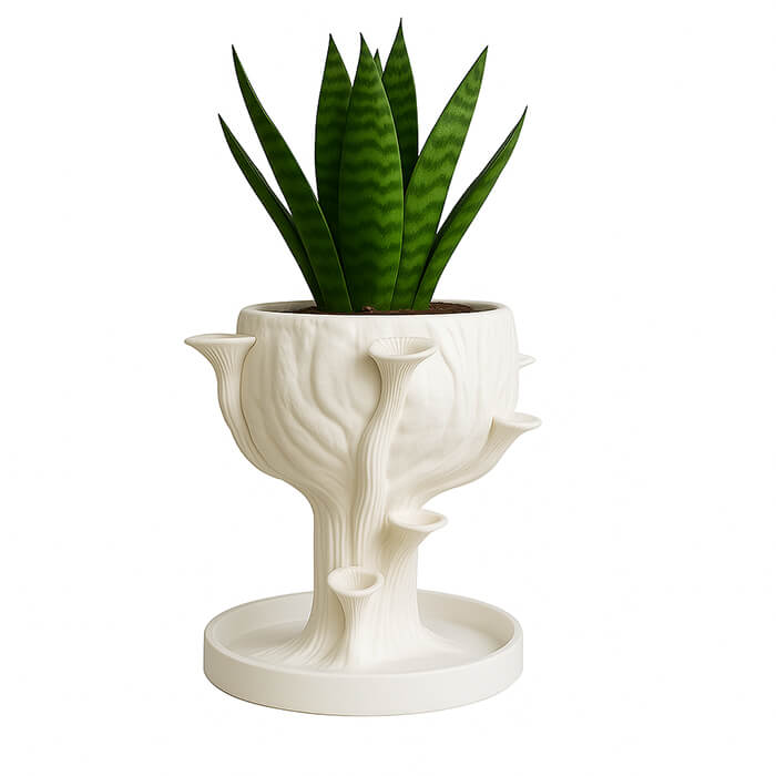 White forest mushroom tree 3D printed PLA planter with sculpted trunk and mushroom shelves, holding tall snake plant, artistic nature-inspired design by Plantale.