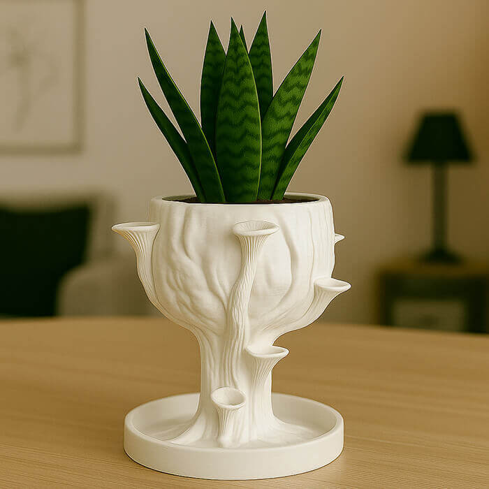 White 3D printed forest mushroom tree-shaped planter with green plant on wooden table indoors.