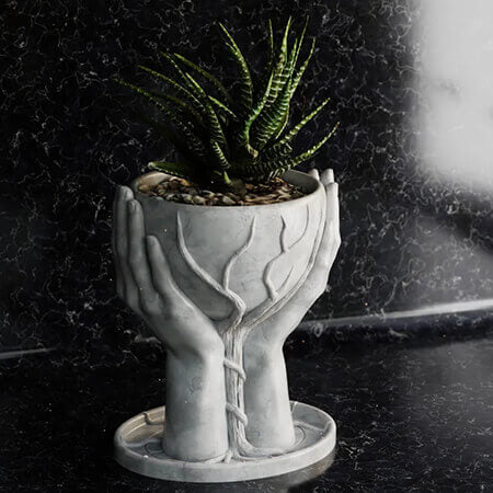 White hands holding tree 3D printed PLA planter with a green succulent plant, minimalist artistic design on black stone background, by Plantale.