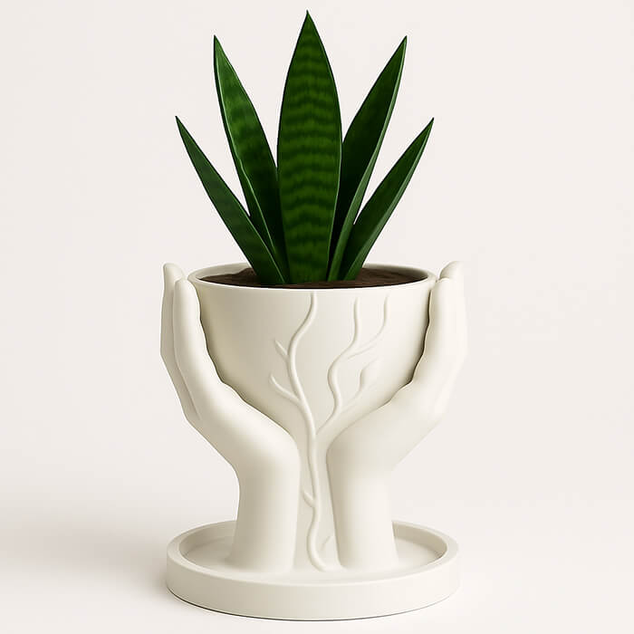 White hands holding tree 3D printed PLA planter with sculpted hands and branch design, holding tall snake plant, modern artistic decor by Plantale.