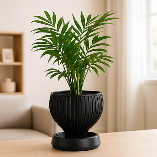 Matte black 3D-printed planter with vertical ribbed texture and matching round tray, holding a lush green indoor plant, placed on a wooden table in a modern living room.